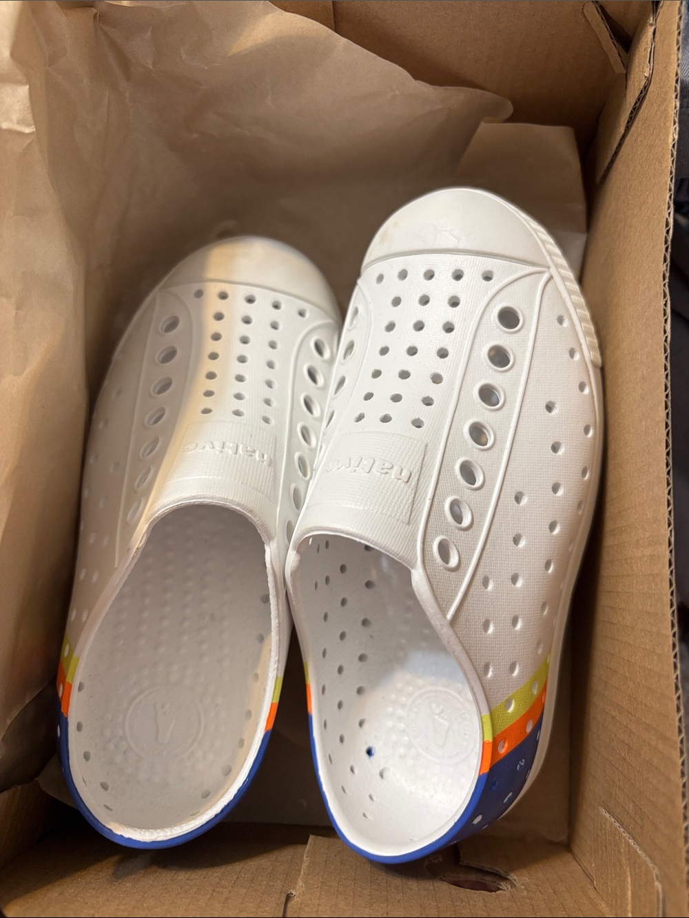 Native Kids White Slip-On Water Shoes with Rainbow Stripe